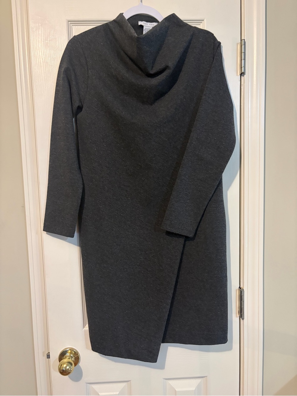 Joan Vass Charcoal Gray Long Sleeve Draped Neck Tunic Dress Size Small